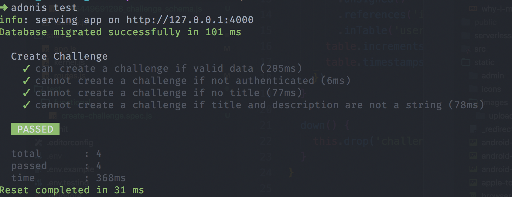 Adonis test output showing four passing challenge tests