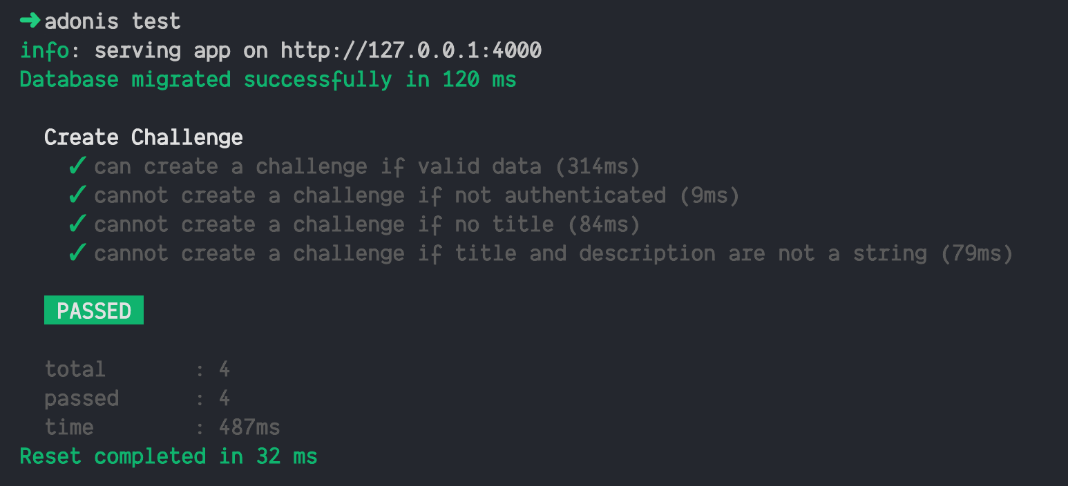 Adonis test output using the PostgreSQL test database