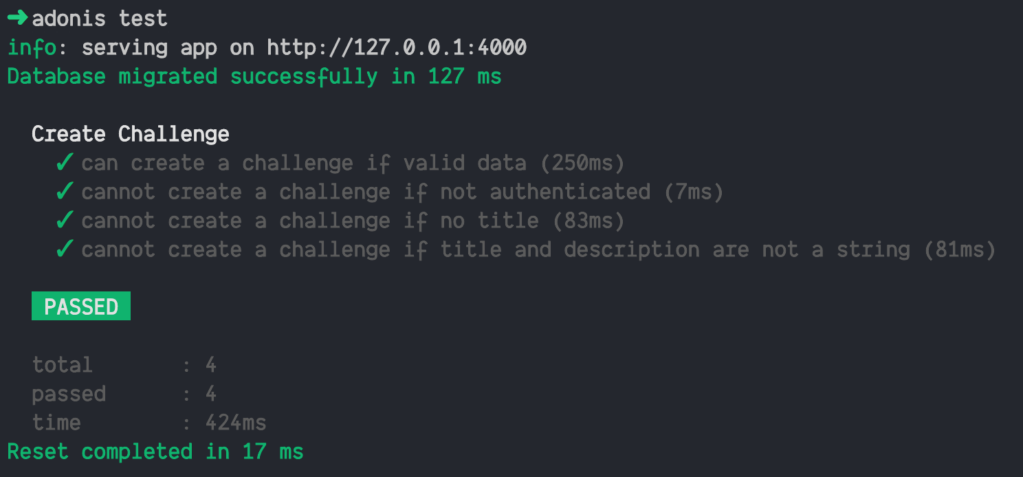 Adonis test output using the SQLite test database