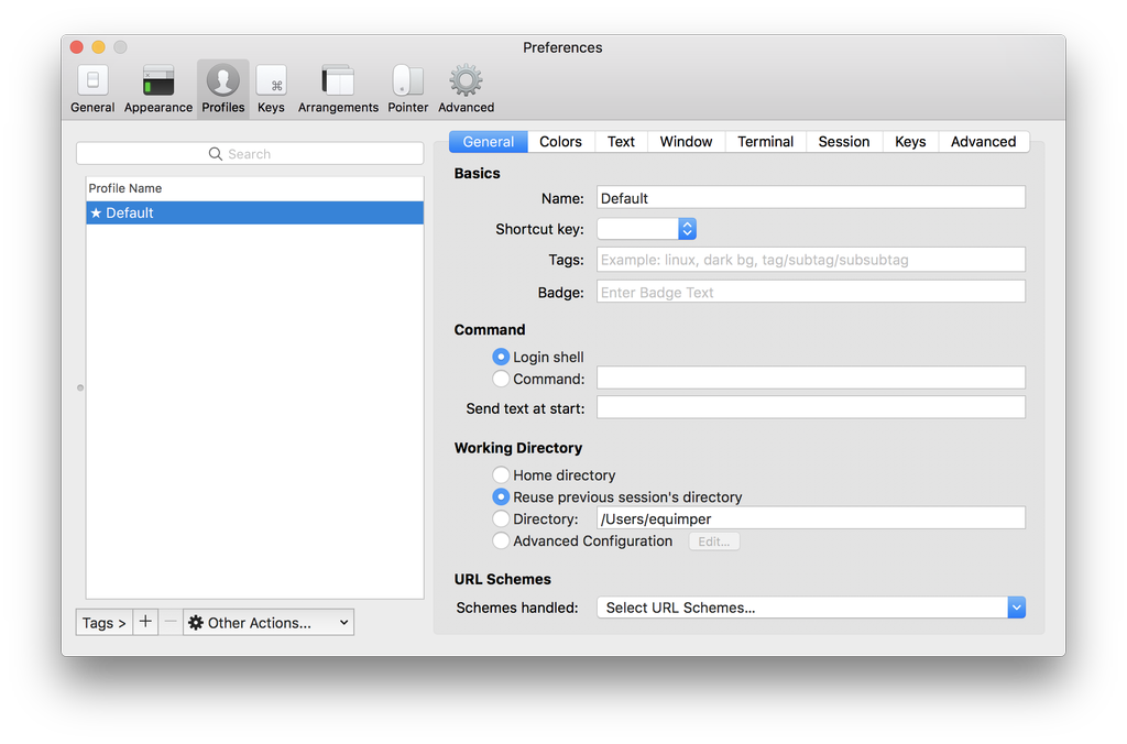 iTerm working directory setting set to reuse the previous session directory