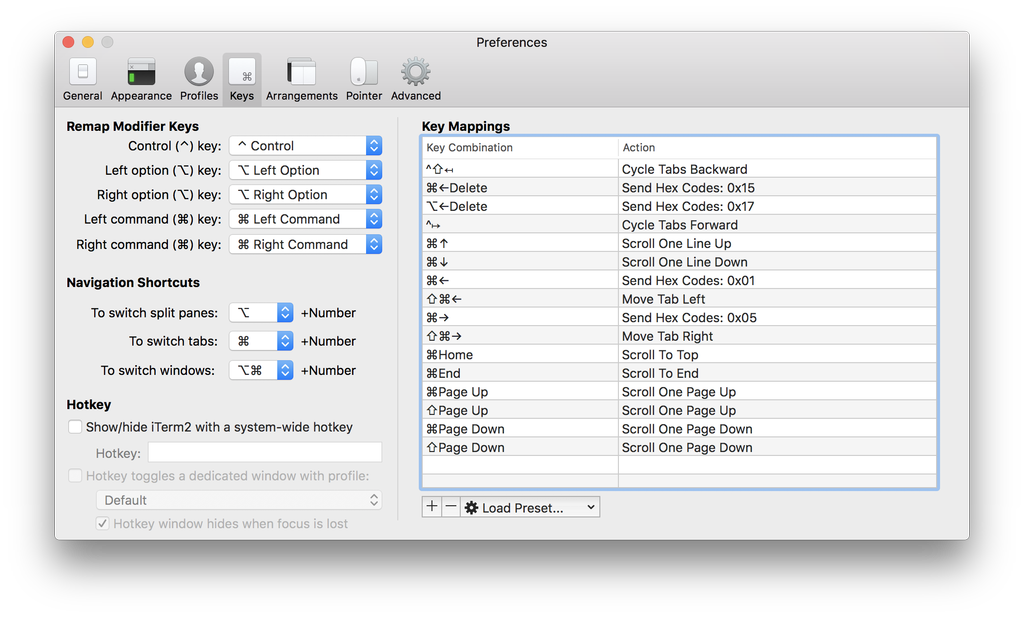 iTerm profile key mappings settings
