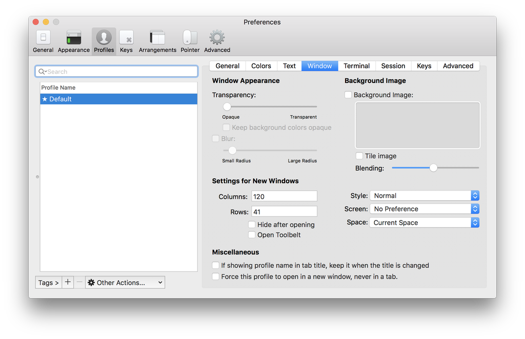 iTerm profile window settings with 120 columns and 41 rows