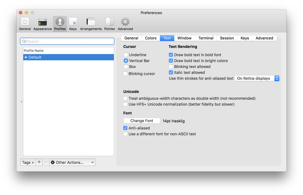 iTerm profile settings for changing the color theme and font