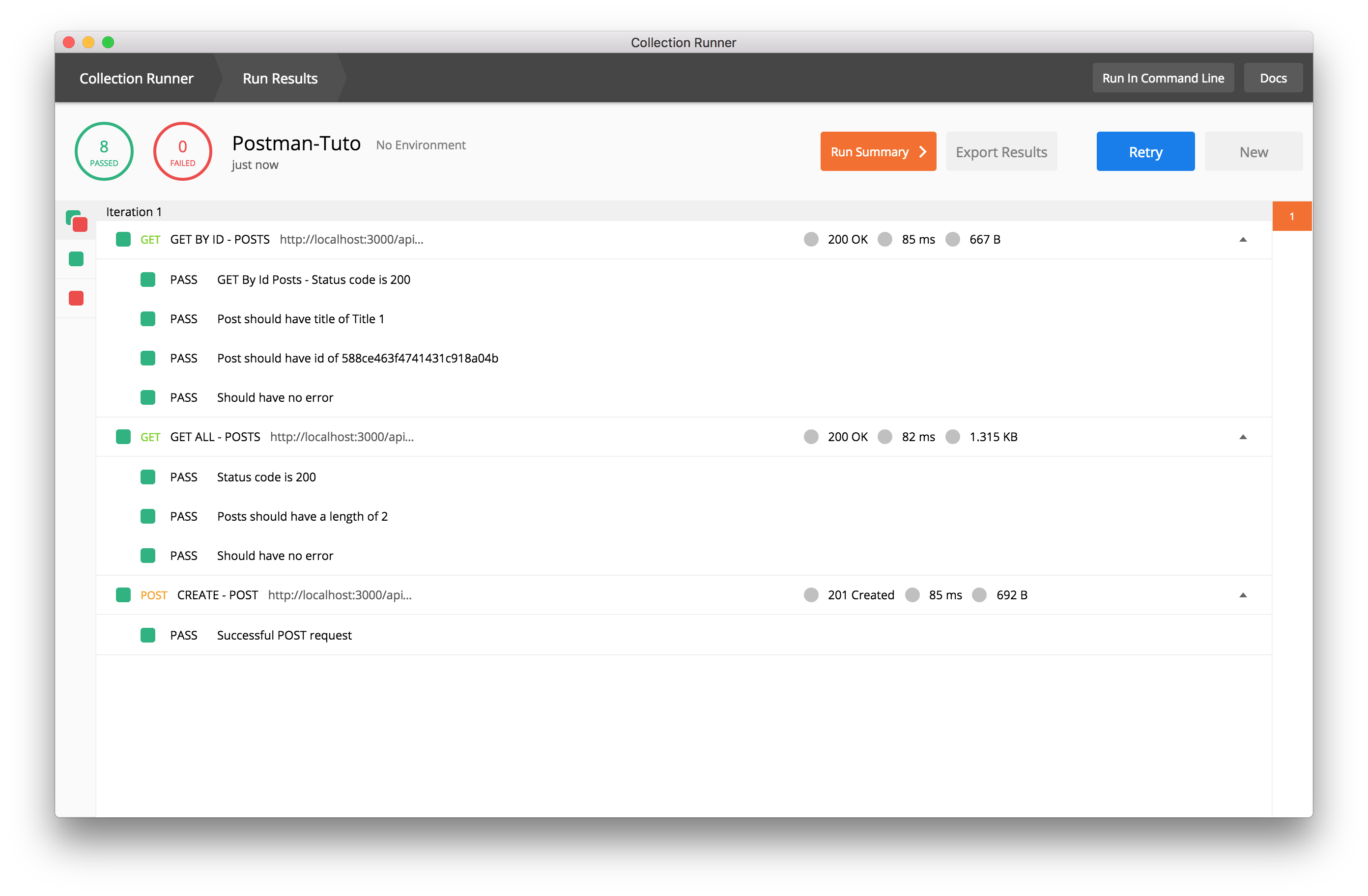 Postman Collection Runner test results