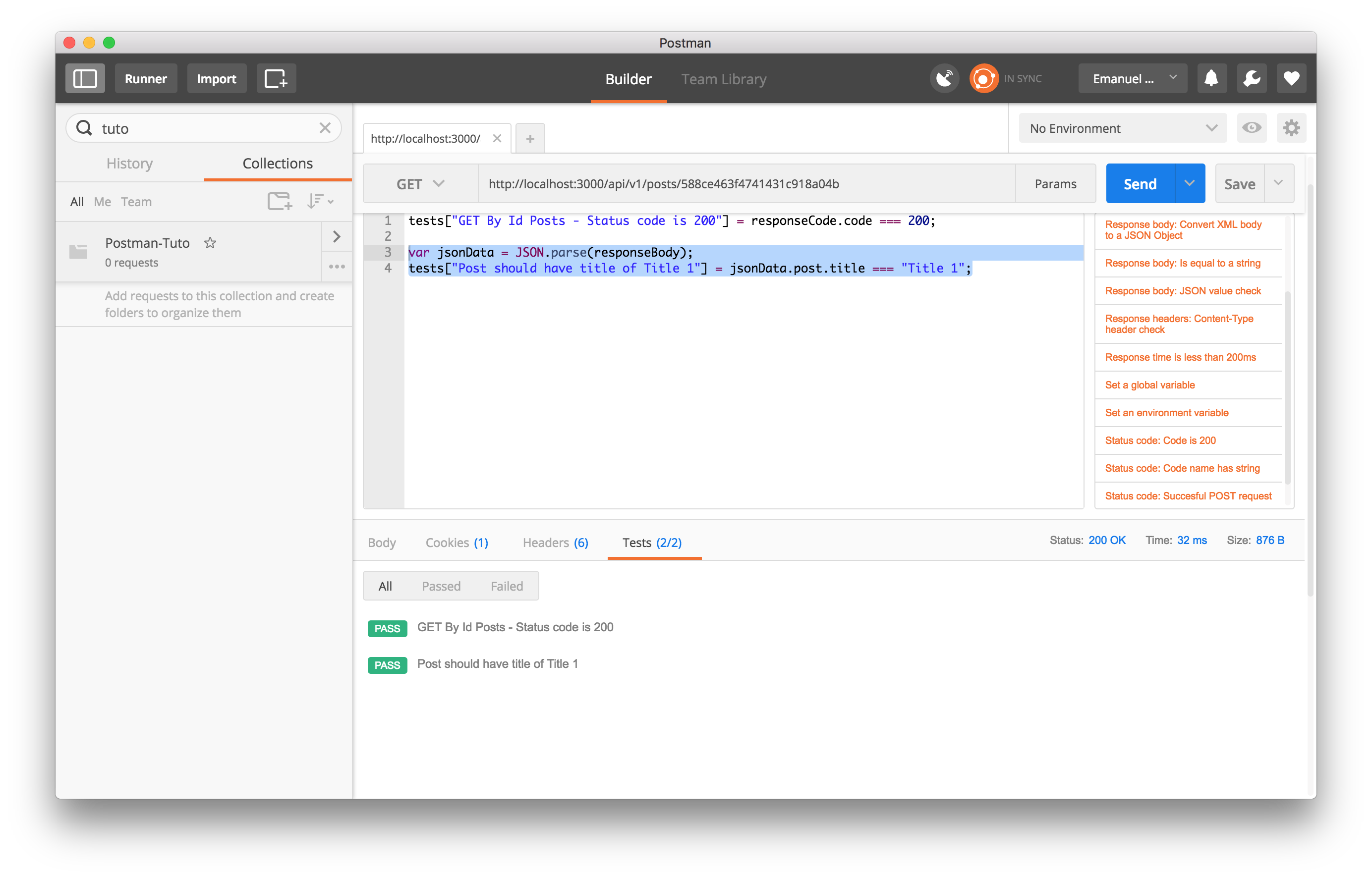Postman showing multiple test results for a request