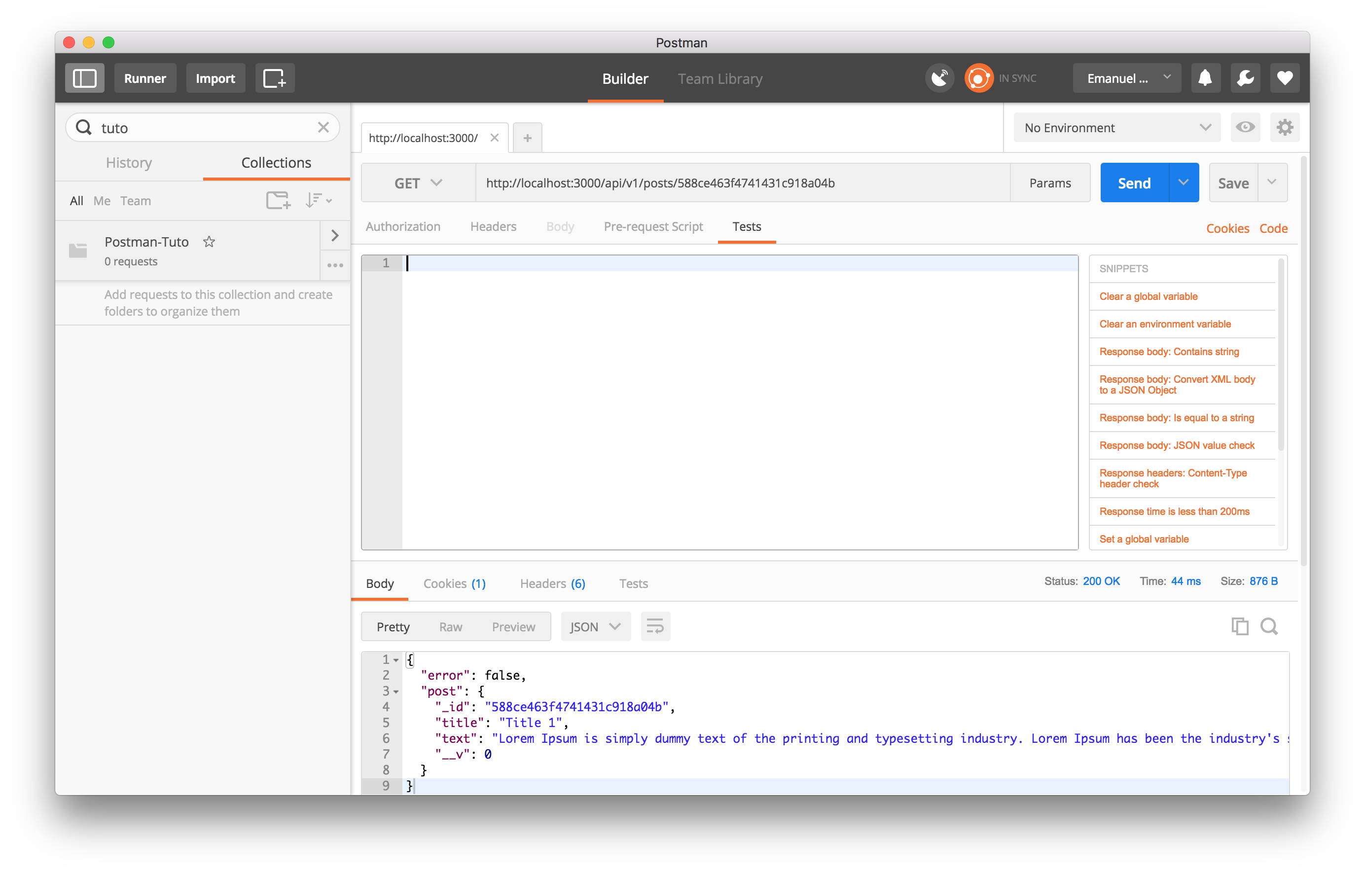 Postman Tests tab with test script snippets
