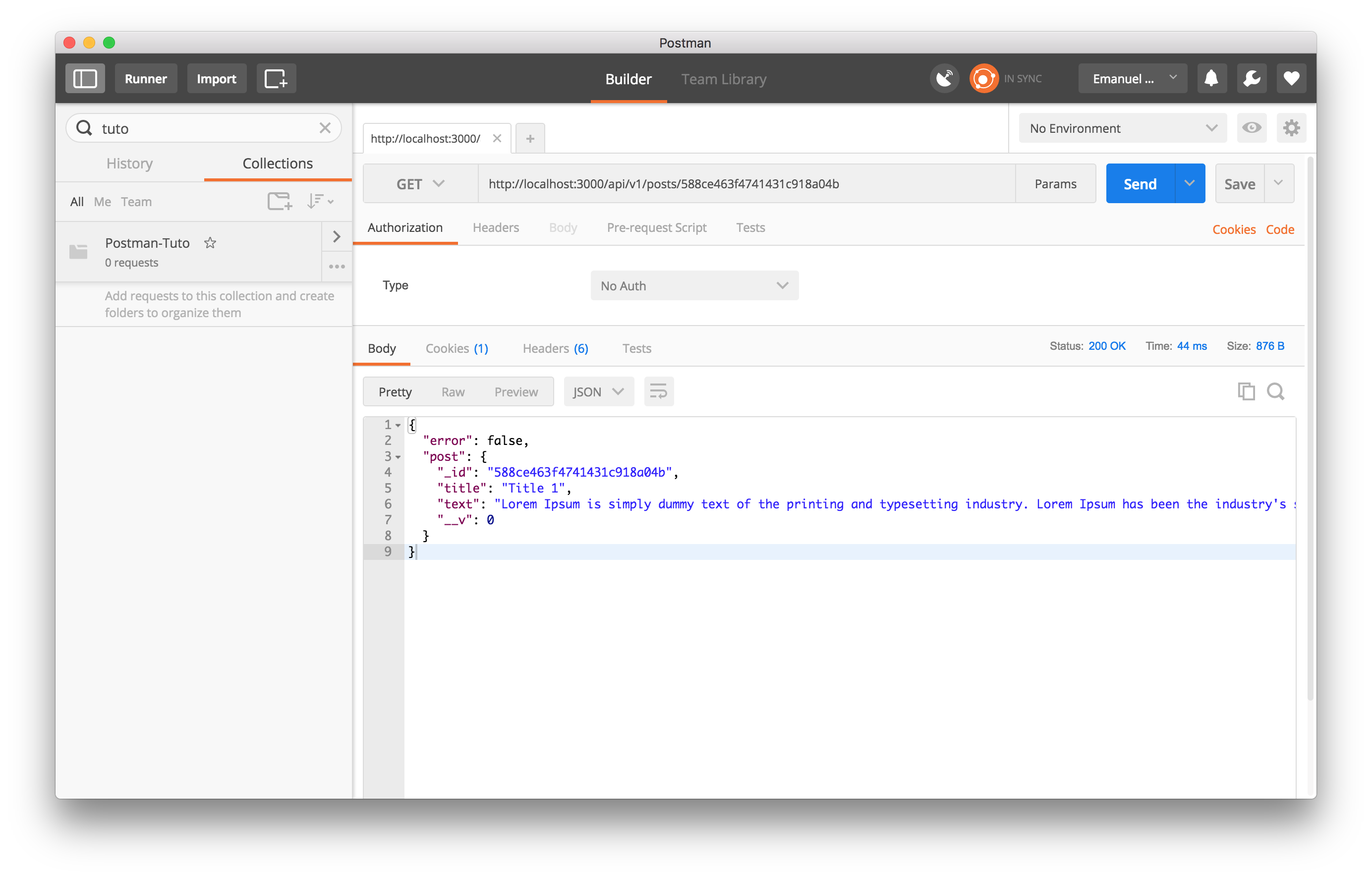 JSON response from the Postman GET request