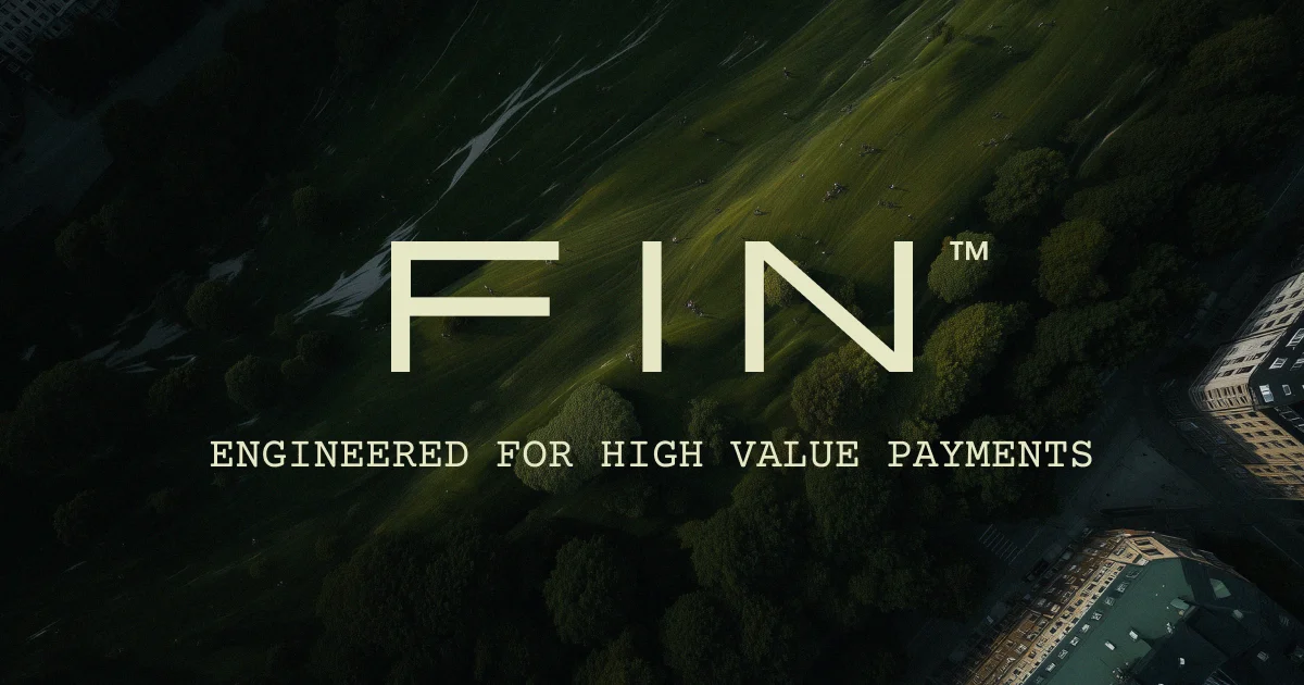 Fin logo over an aerial view of a city park