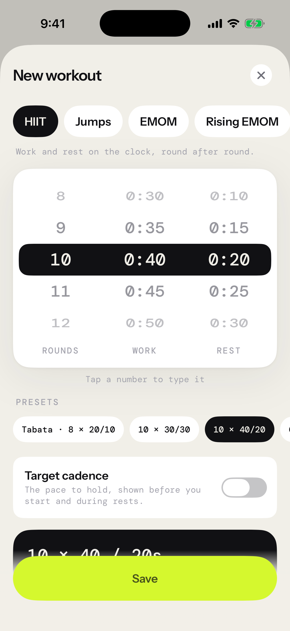 Jump Rope Protocol workout creator with 10 rounds, 40 seconds of work, and 20 seconds of rest