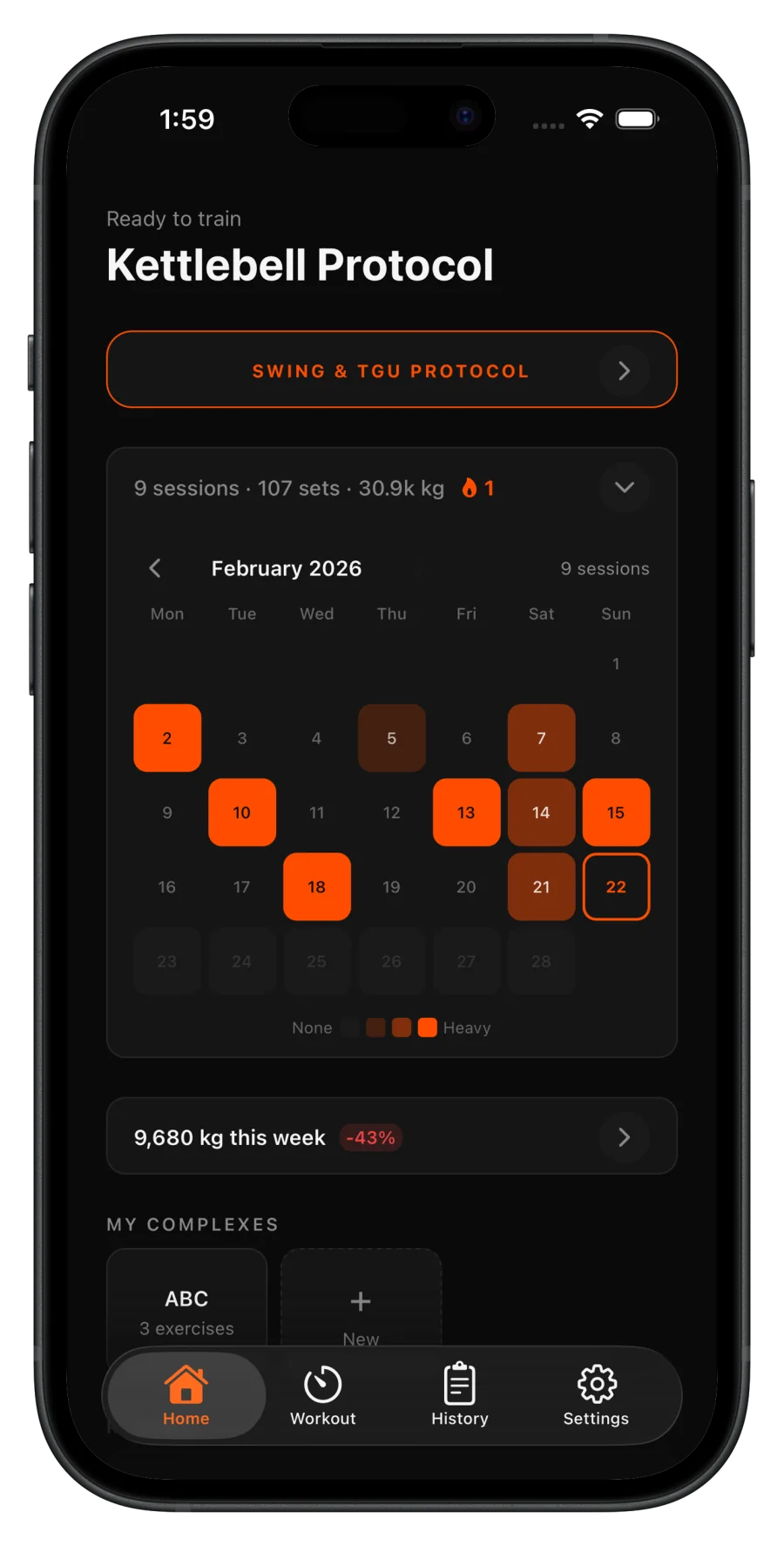 Kettlebell Protocol dashboard with a February workout calendar and weekly training volume