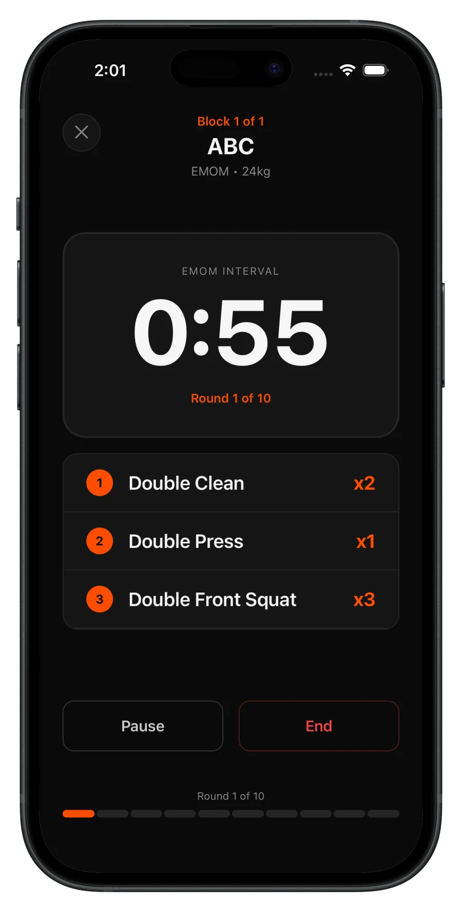 Kettlebell Protocol active EMOM workout with a 55 second timer, exercise order, and round progress