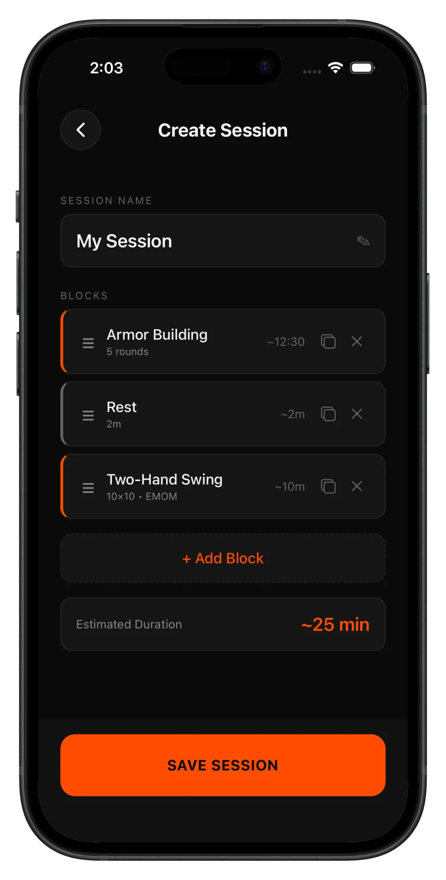 Kettlebell Protocol session builder with rearrangeable training blocks and a 25 minute duration estimate
