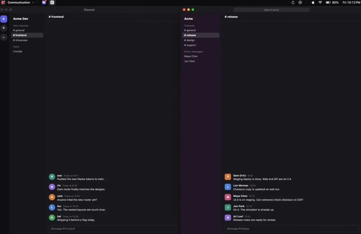Layout Communication workspace with Discord and Slack side by side