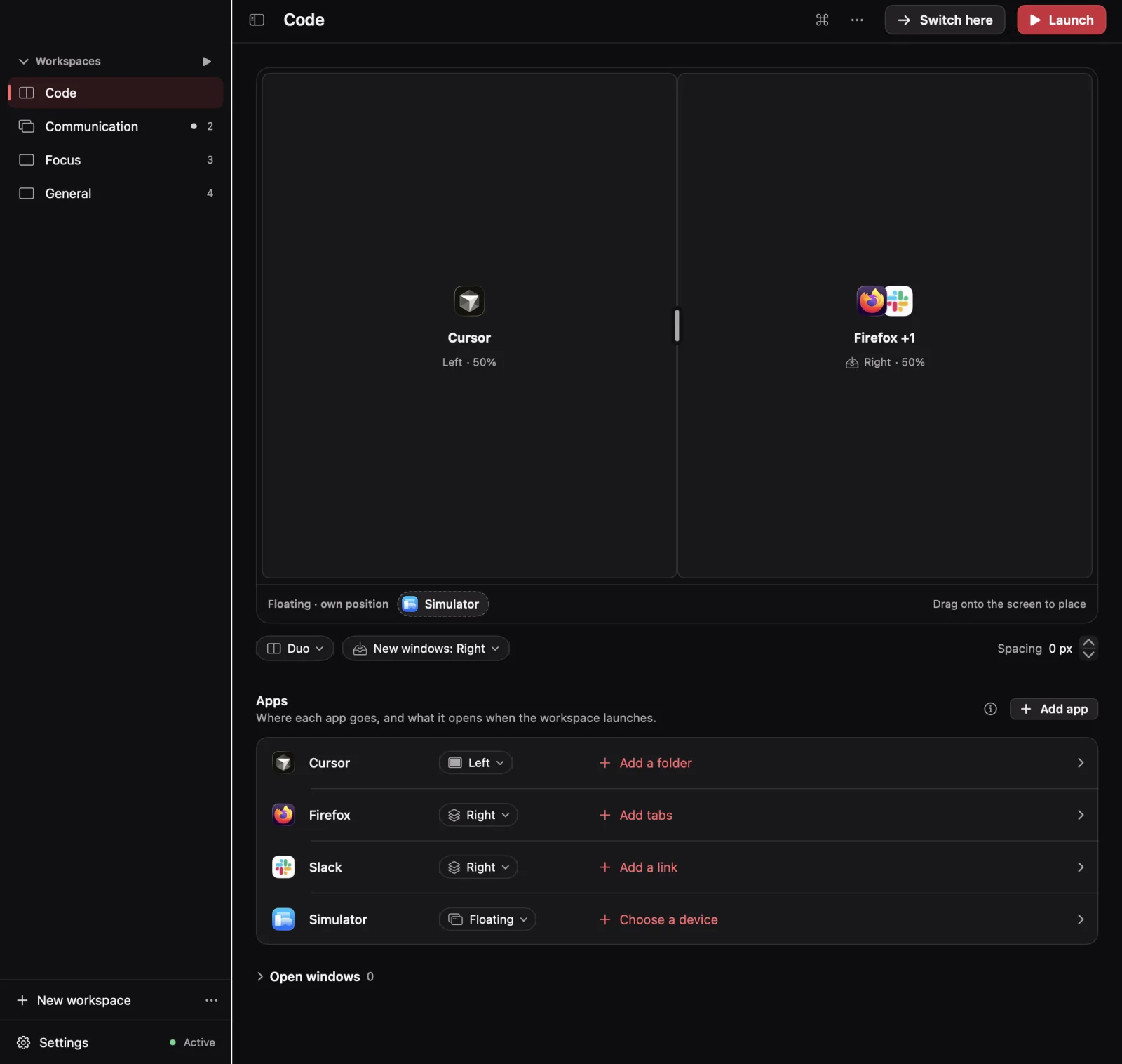 Layout editor with workspaces in a sidebar, a two-zone layout, and the apps each zone opens