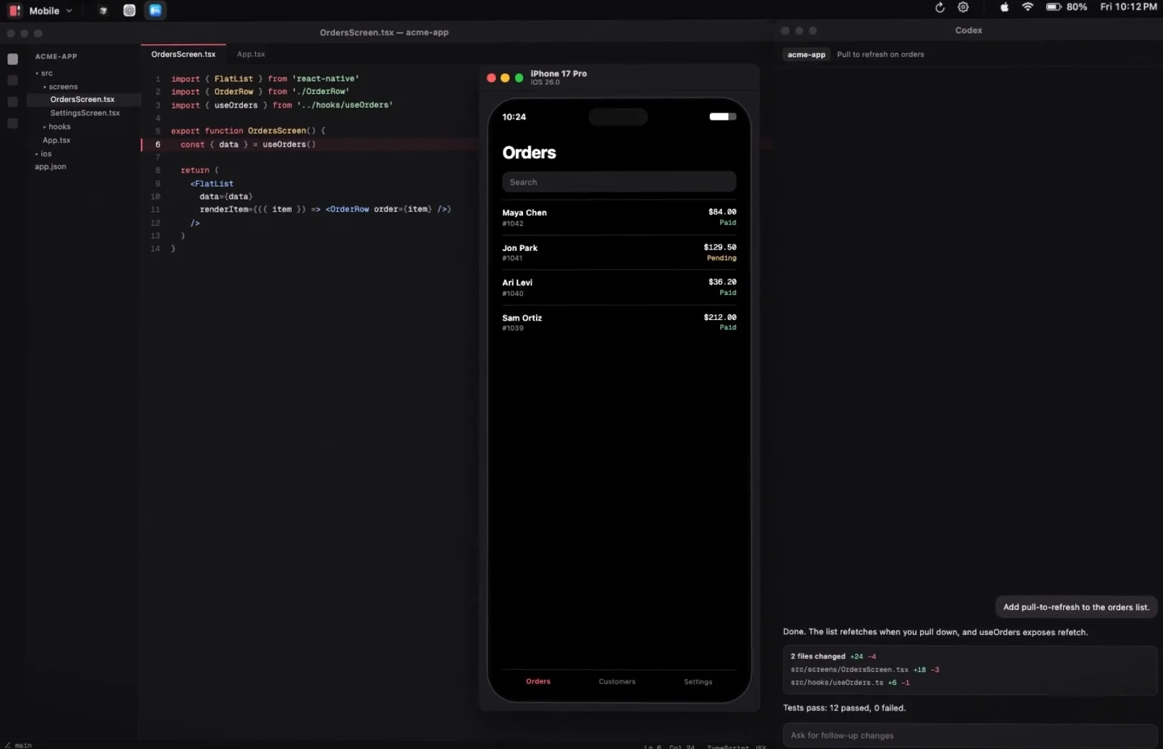 Layout Mobile workspace with a code editor, a floating iPhone Simulator, and a Codex chat for the same project