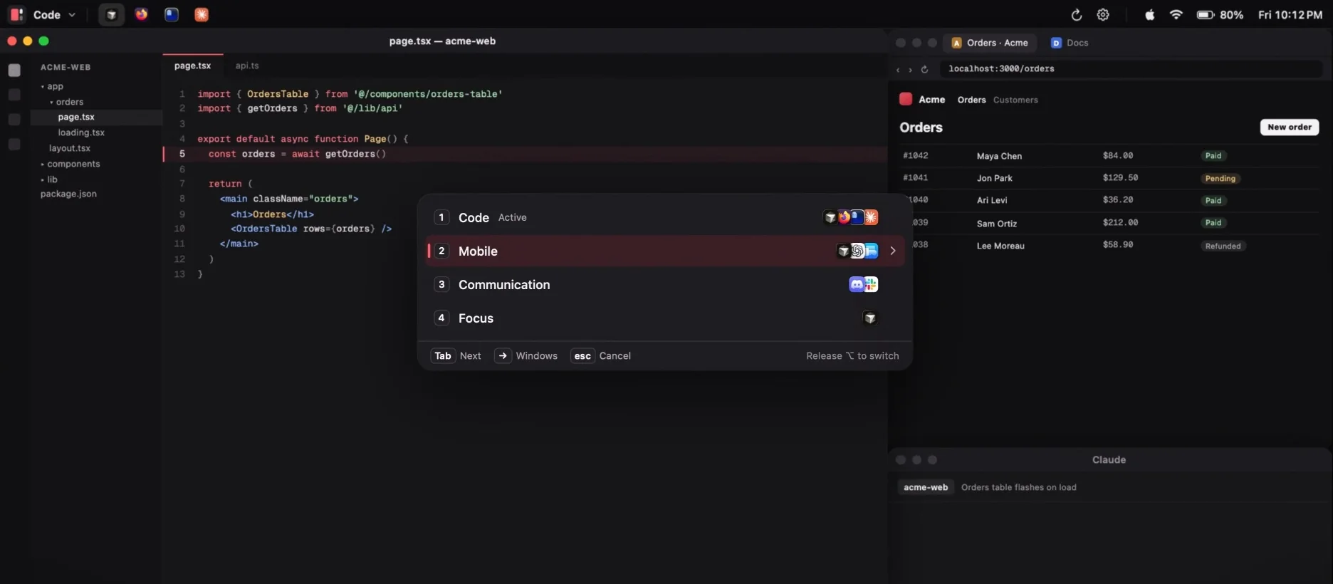 Layout workspace switcher over a code editor, listing the Code, Mobile, Communication, and Focus workspaces