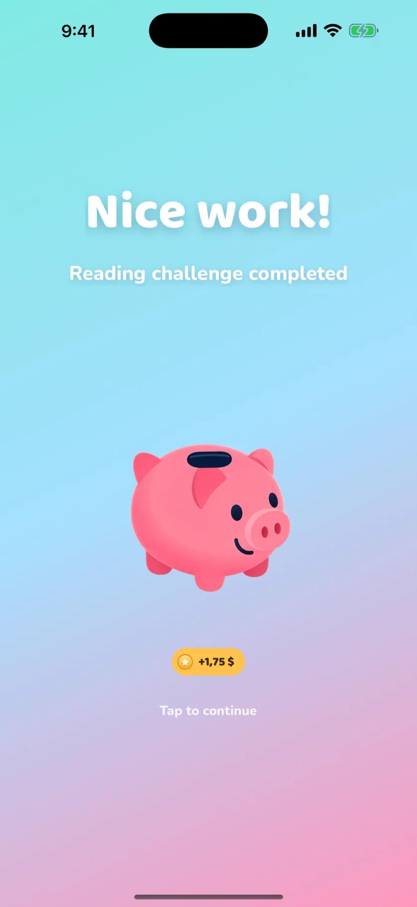TinyTirelire celebration screen after completing a reading challenge and earning pocket money