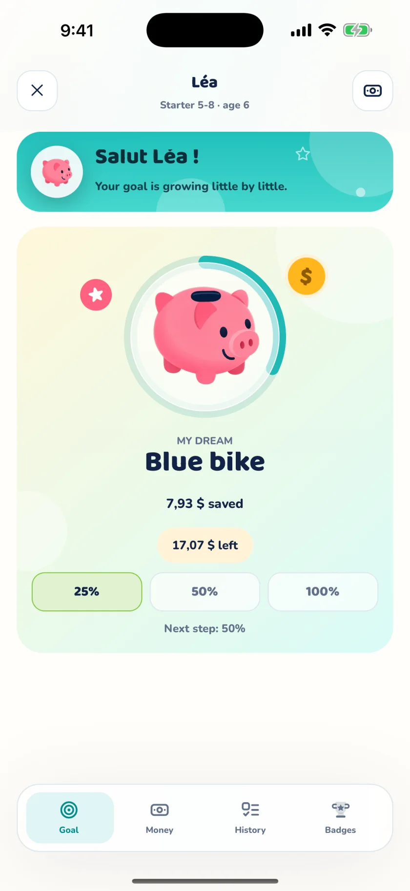 TinyTirelire child view showing progress toward a blue bike savings goal